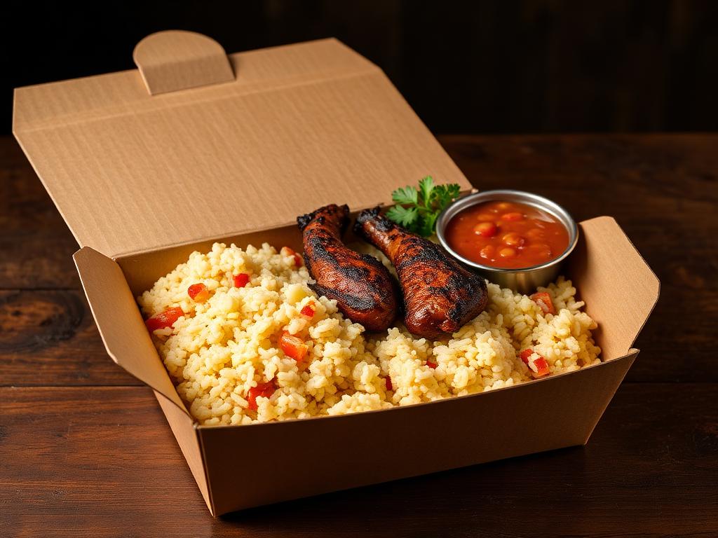 Quentinha com arroz, feijão e carne grelhada